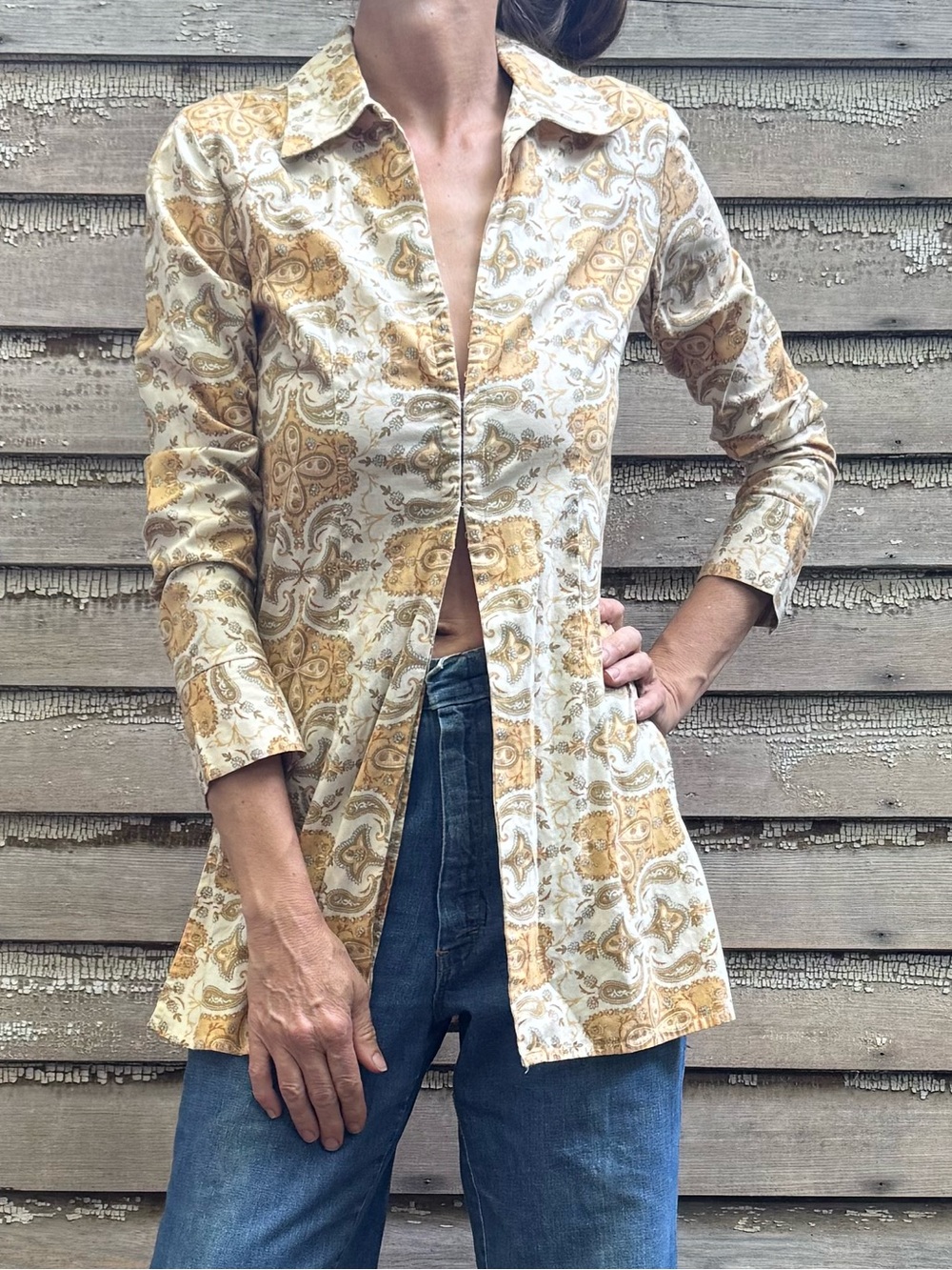 VTG Frenchi Paisley Tunic Shirt in Cream, Tan and Light Blue - Picture 1 of 16